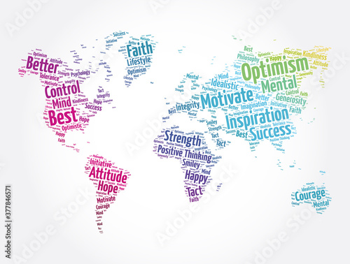 Optimism word cloud in shape of world map  concept background