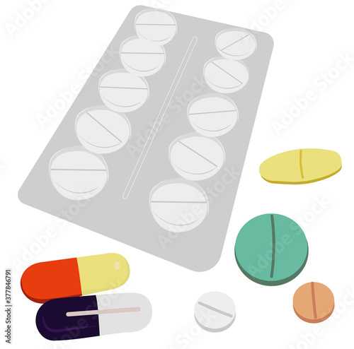 Vector stock illustration of a close-up tablet. Flu pills, a set of medicine for the disease. Medicine. Isolated on a white background.