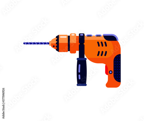 Electric hand drill icon in flat design. Repair tool in cartoon style. Vector stock illustration