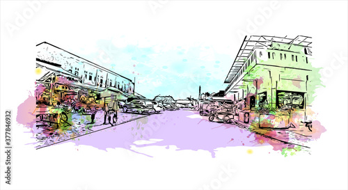 Building view with landmark of Banda Aceh is the capital and largest city in the province of Aceh, Indonesia. Watercolor splash with hand drawn sketch illustration in vector.