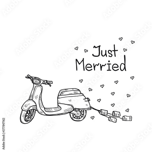 Сomposition with cute hand drawn scooter. Love collection. Just married. Vector