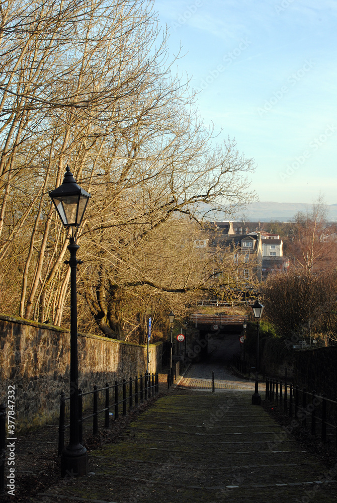 Stepped Cobbled Street Descending Hill with Iron Streetlamp & Bare Winter Trees Stepped Cobbled Street Descending Hill with Iron Streetlamp & Bare Winter Trees