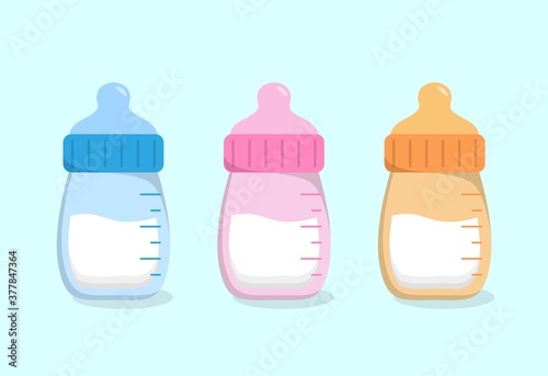 Baby's milk, baby bottle three colors, blue pink orange yellow, isolated in blue background set