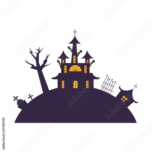 Halloween houses with tree grave and gate vector design