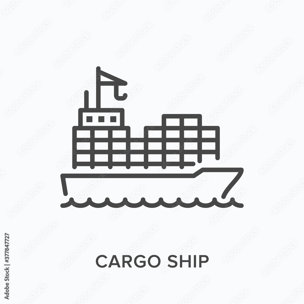 Cargo ship flat line icon. Vector outline illustration of container boat, sea tanker. Marine freight delivery thin linear pictogram