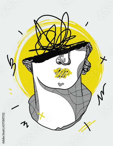 Colossal Head of a Youth sculpture. 
Creative geometric yellow style. Vector illustration hand drawn.