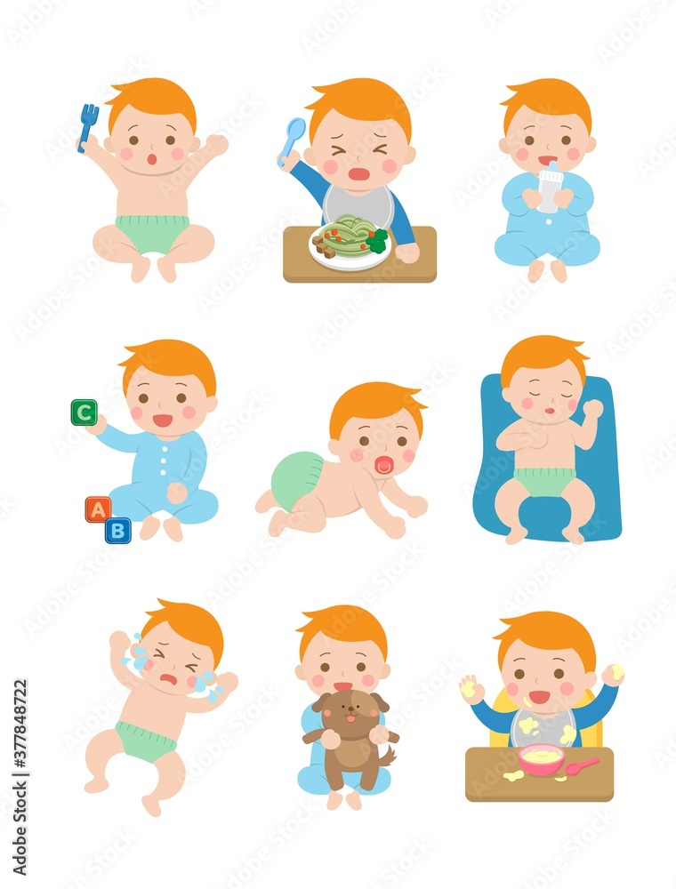 Cute happy baby and his daily set of cute cartoon babies and baby illustrations, baby diapers, crawling babies, eating baby noodles