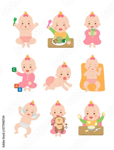 Cute happy baby and his daily set of cute cartoon babies and baby illustrations, baby diapers, crawling babies, eating baby noodles