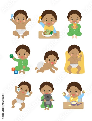 Cute happy baby and his daily set of cute cartoon babies and baby illustrations, baby diapers, crawling babies, eating baby noodles