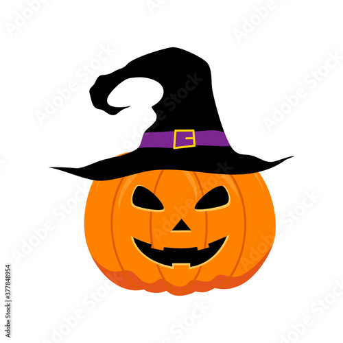 Scary Halloween pumpkin wearing a witch hat on white background. Happy Halloween festival concept vector illustration.