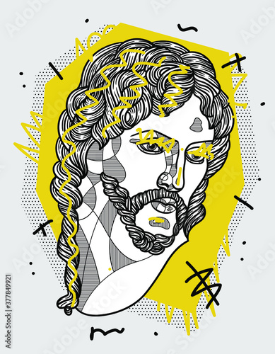 Creative yellow vector illustration. The Risen Christ sculpture. The Risen Christ sculpture.