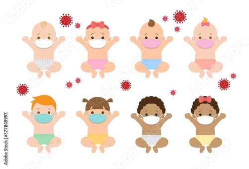 Set of cute babies and their daily illustrations, babies wear masks to prevent infection