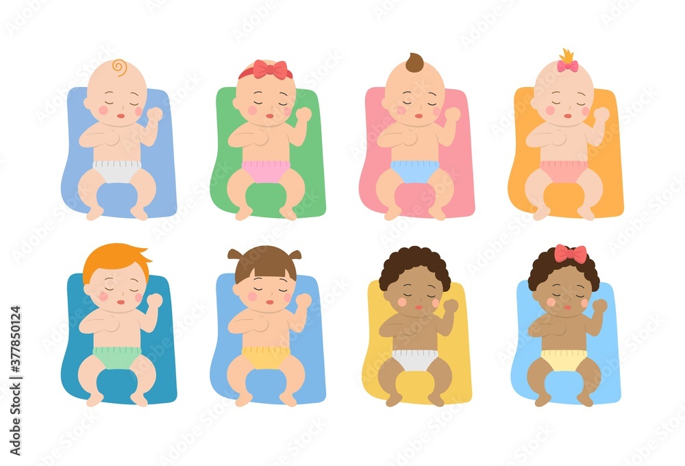 Set of cute babies and their daily illustrations, baby sleeping on blanket Set of cute babies and their daily illustrations, baby sleeping on blanket