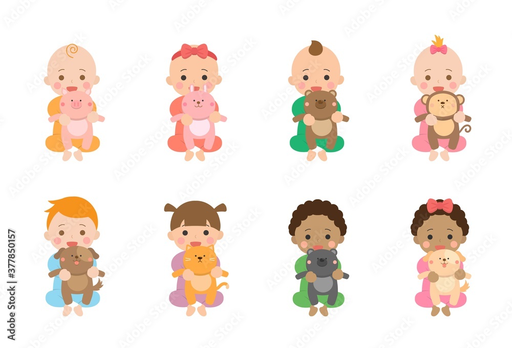 Set of cute babies and their daily illustrations, animal dolls Set of cute babies and their daily illustrations, animal dolls