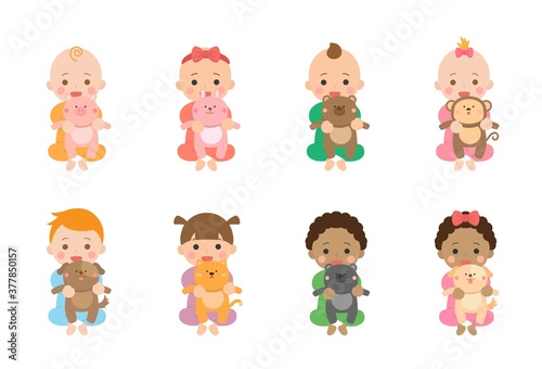 Set of cute babies and their daily illustrations, animal dolls