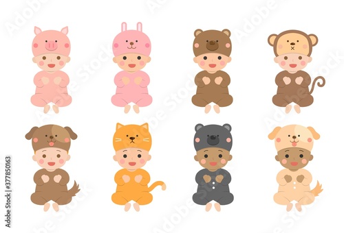 Set of cute babies and their daily illustrations, babies wearing animal-shaped clothes