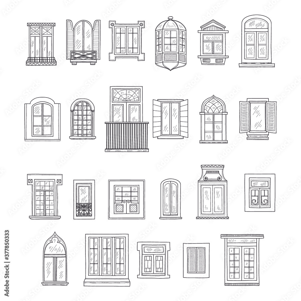 Set of cute hand drawn windows including 23 different types. Vintage windows collection