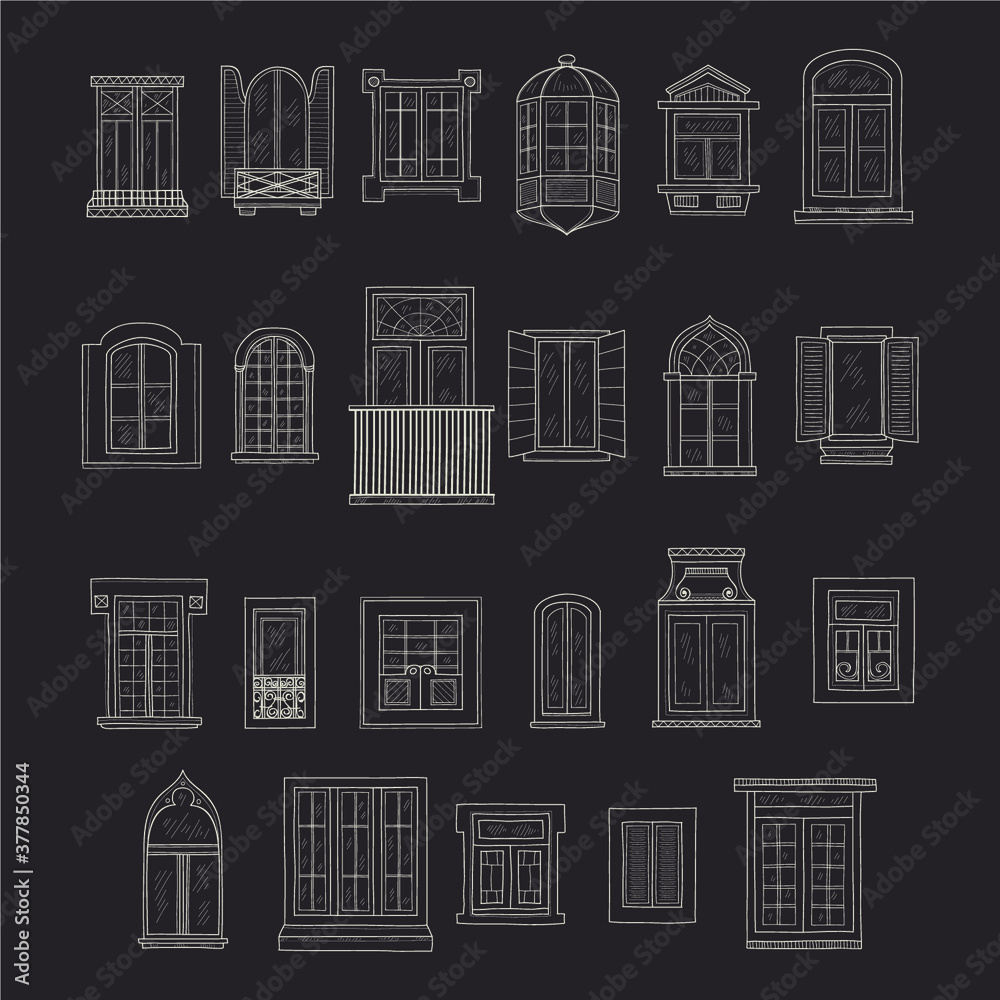 Set of cute hand drawn windows including 23 different types. Vintage windows collection
