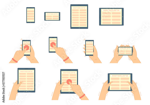 Stock vector, concept of hands holding gadgets, smartphones and tablets