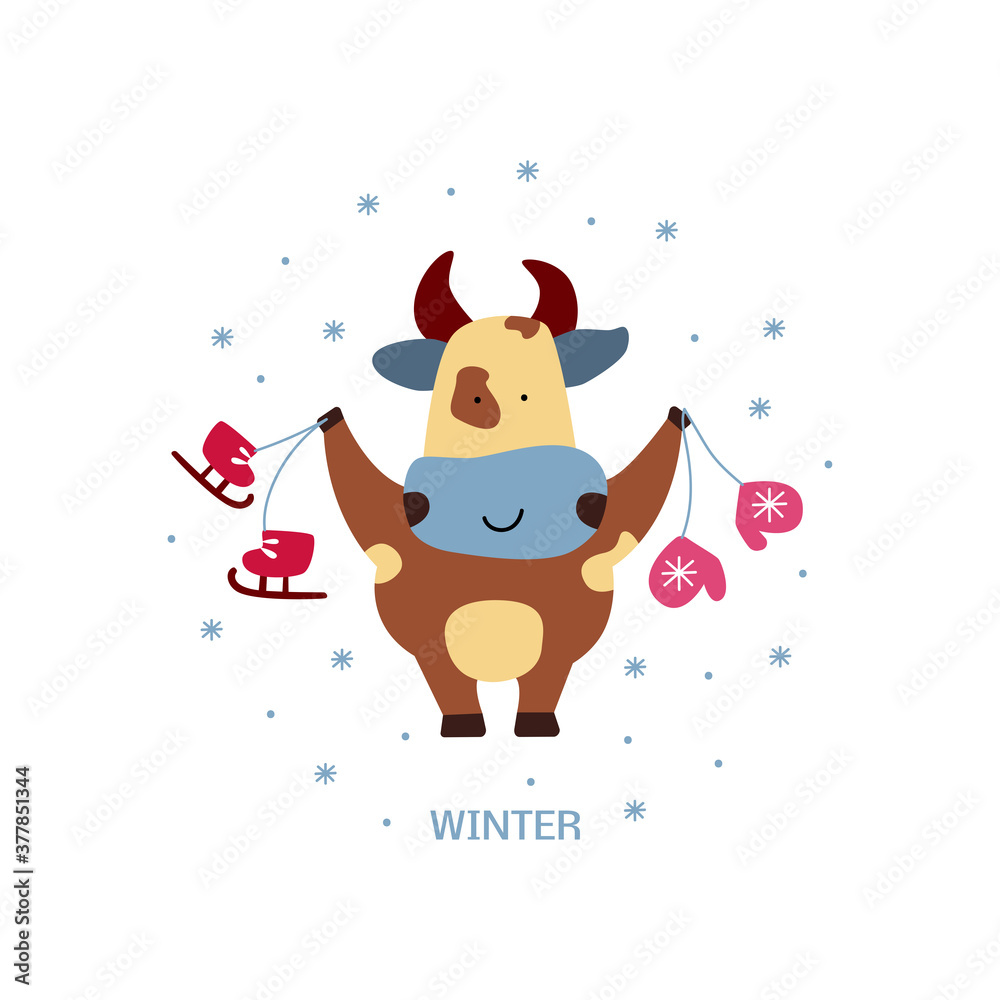 Naklejka premium Vector illustration on the theme of the New Year. Picture of a bull with skates and mittens and the inscription winter. For a postcard, for a congratulation, a poster, a sticker.