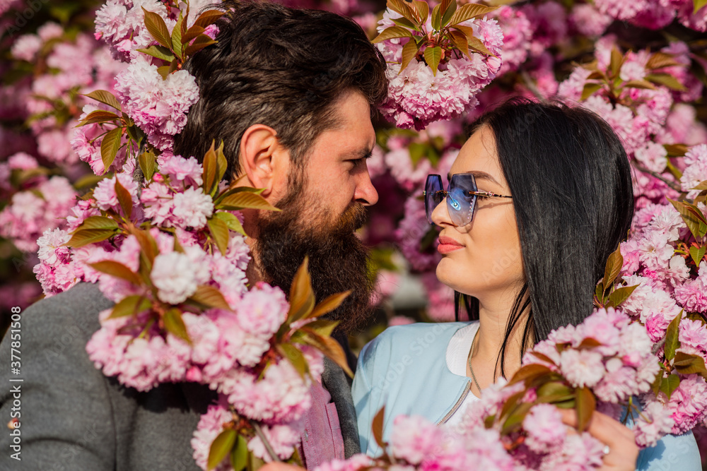 Love, romance and beauty concept. couple viewing cherry blossom at park