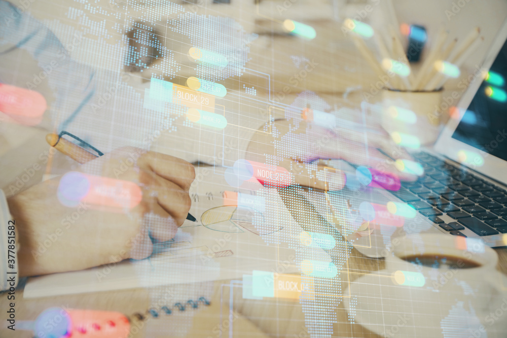 Businessman working on Laptop with technology theme drawing. Concept of big data. Double exposure.