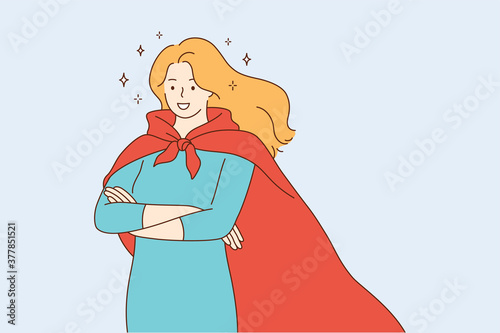 Confidence,success, positivity, strength, goal achievement concept. Young happy smiling confident woman girl cartoon character in superhero suit standing with crossed arms. Women power illustration.
