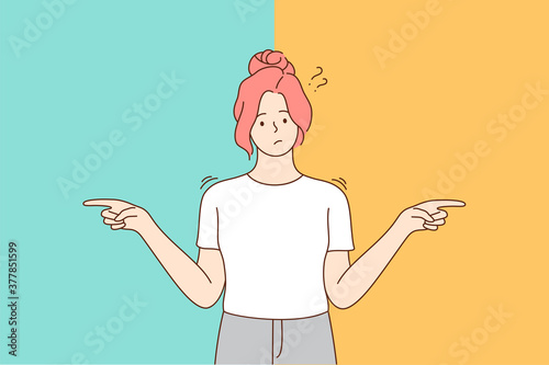 Choice, thinking, doubt, problem concept. Young pensive thoughtful confused doubtful woman girl cartoon character standing and choosing between two colors or ways pointing in other sides illustration.