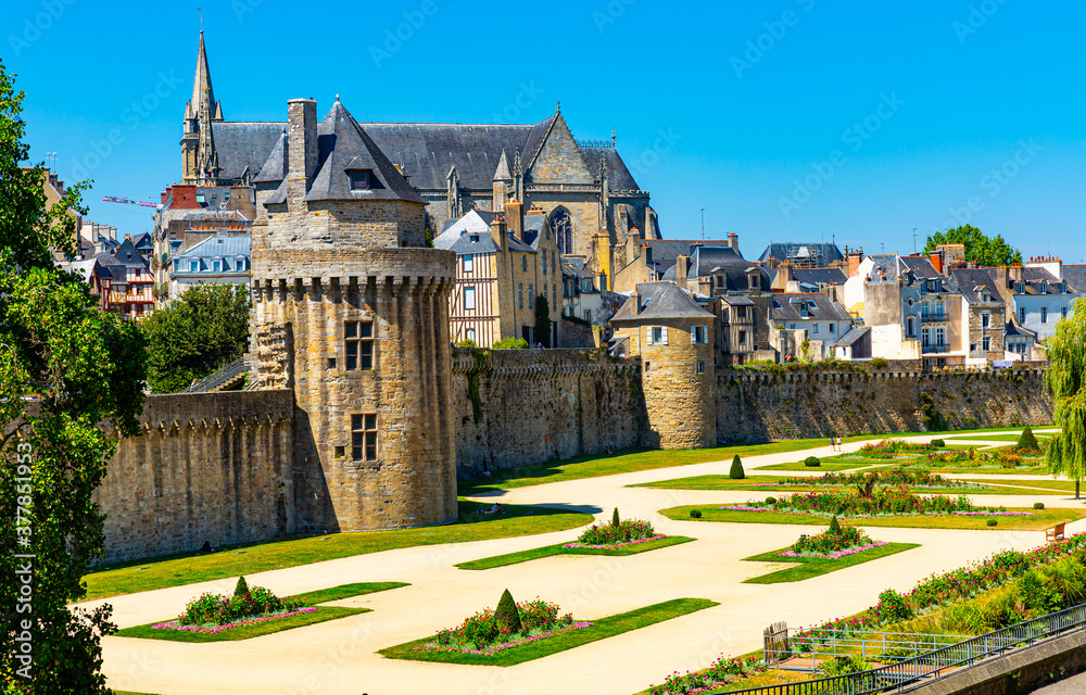 Medieval houses by the old wall in Vannes. Brittany. France