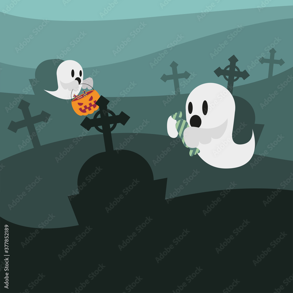 Fototapeta premium Halloween ghosts cartoons at cemetery vector design