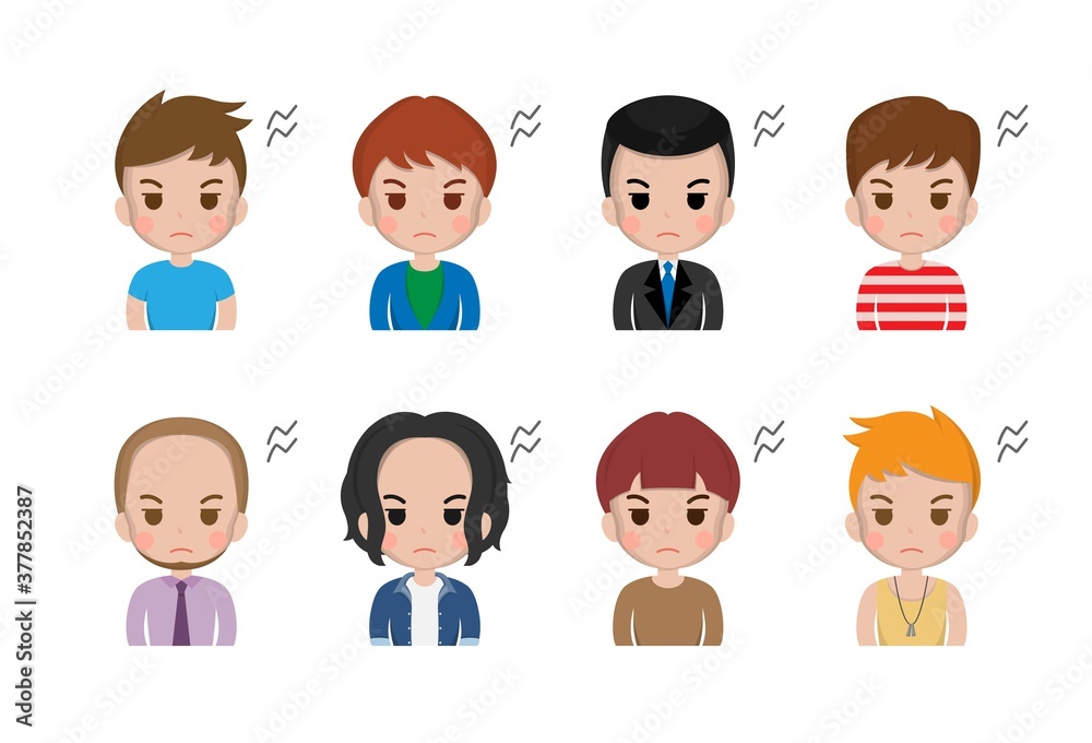 Various office workers, men, boys, cute, angry, sad, complaining, facial expressions, cute illustrations, set Various office workers, men, boys, cute, angry, sad, complaining, facial expressions, cute illustrations, set