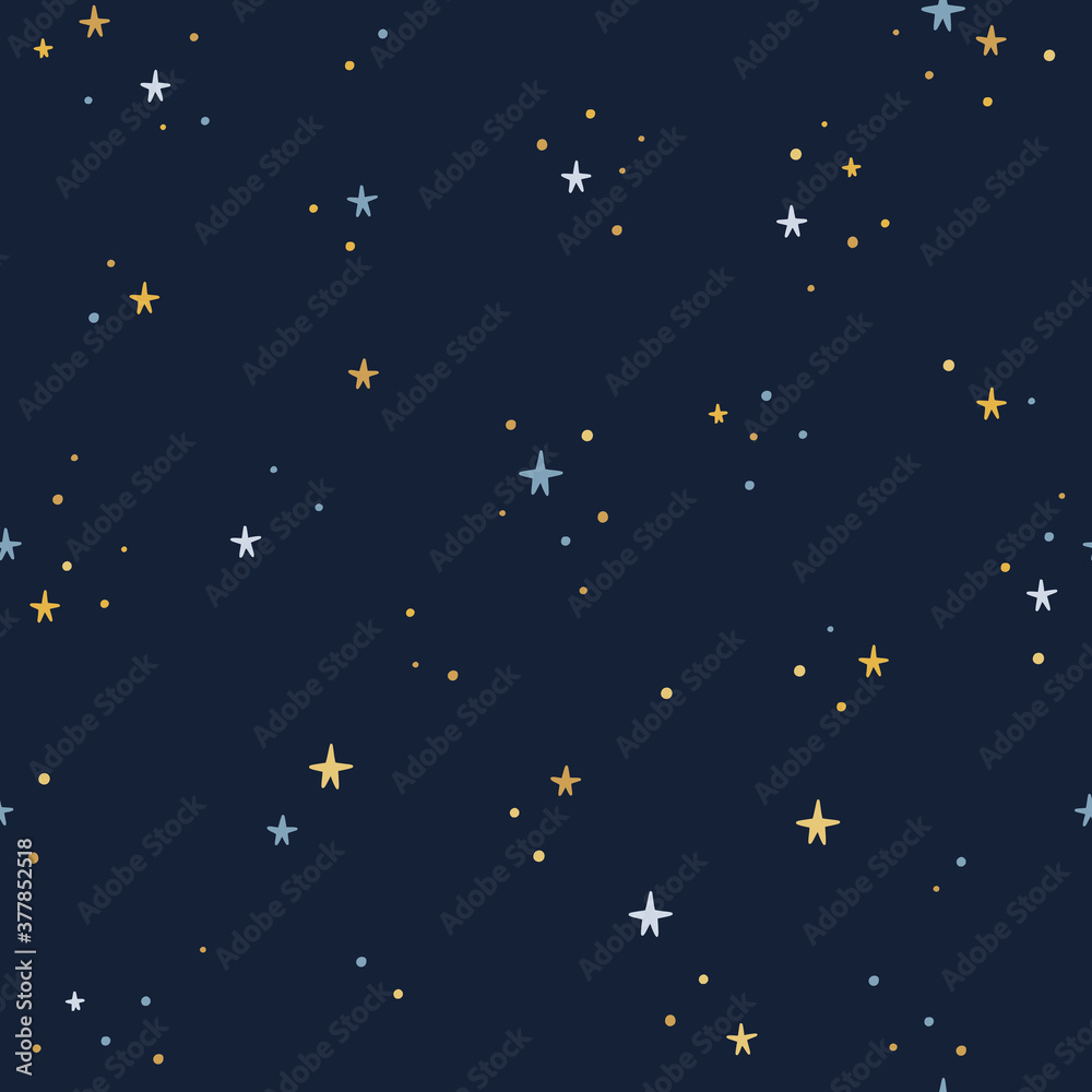 Night starry sky background. Vector seamless pattern with stars on dark backdrop. Golden and blue stars pattern