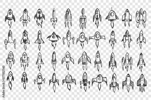Rockets doodle set. Collection of hand drawn pencil sketches template patterns of spaceships in cosmos on transparent background. Illustration of business startup and creative thinking.