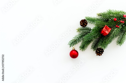 Christmas red bauble on a fir branch on white background