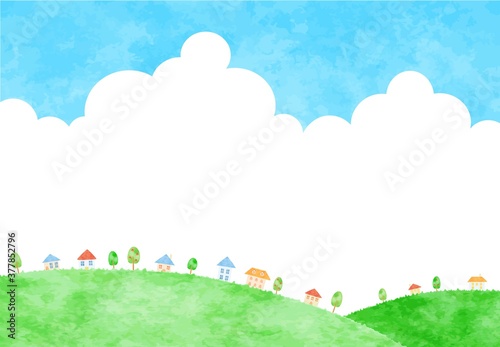かわいい街並みと青空の風景イラスト