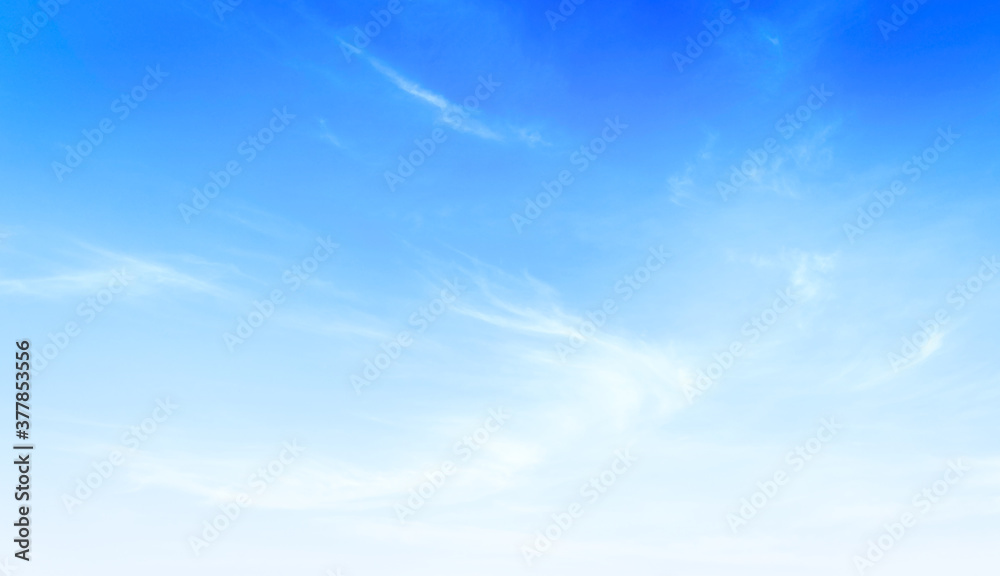 Obraz premium Panoramic blue sky background with soft white cirrus clouds, wide banner for summer nature and clean air backdrop