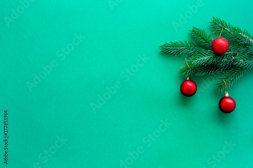 Christmas red bauble on a fir branch on green background
