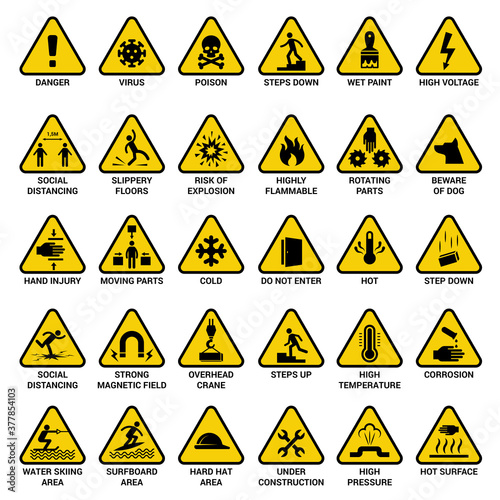 Triangle warning sign. Danger symbols safety emergency electrical hazard vector collection. Illustration yellow caution icon, social distancing and flammable