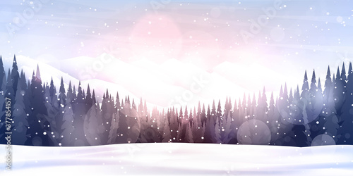 Vector illustration. Flat landscape. Snowy background. Snowdrifts. Snowfall. Clear blue sky. Blizzard. Cartoon wallpaper. Winter season. Forest trees and mountains. Design for website, poster, banner © VVadi4ka