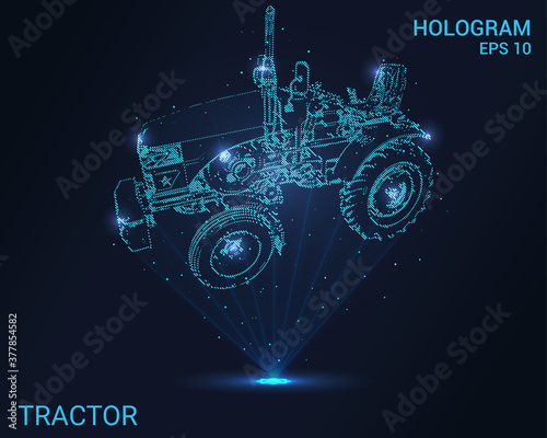 Tractor hologram. Holographic projection of the tractor. A flickering energy stream of particles. Scientific design minitractor.