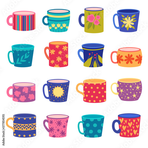 Ornaments cup. Trendy handy crafted colored cups with floral and geometrical textures drawn vector set. Illustration cup for coffee and tea with colored pattern