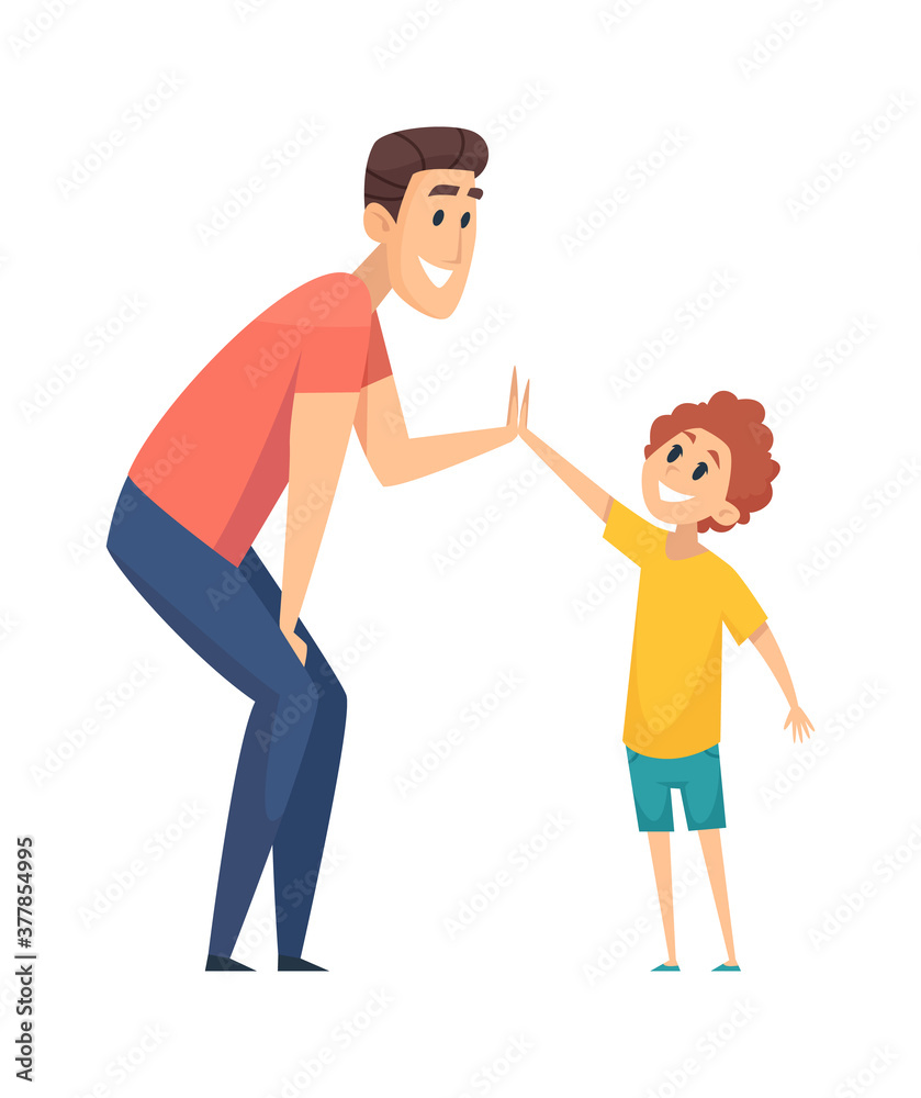 High five. Man greeting boy, happy people. Cartoon father spend time with son together vector illustration. Greeting man to boy high five, happy cartoon friendship High five. Man greeting boy, happy people. Cartoon father spend time with son together vector illustration. Greeting man to boy high five, happy cartoon friendship