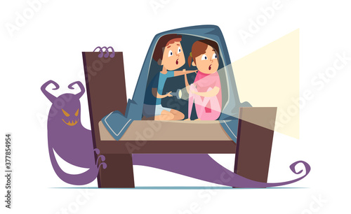 Frightened children. Kids phobia, girl boy scared monster. Brother and sister in bed with flashlight and fictional villain vector illustration. Phobia monster and scared kids in bed