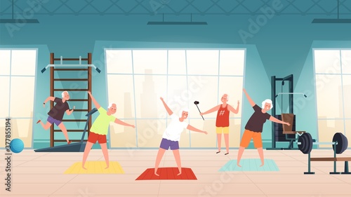 Elderly in gym. Happy seniors, active lifestyle old people. Man woman training, doing yoga running vector illustration. Fitness elderly sport, lifestyle senior in gym