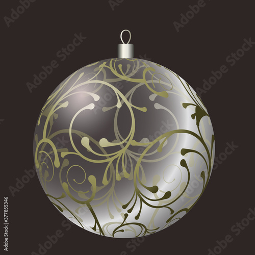 Vector realistic christmas ball. Transparent white ball with floral ornament