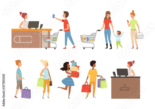 People queue. Grocery store customers, apparel shop or mall shoppers vector illustration. Queue customer to supermarket or store, cashier and buyer