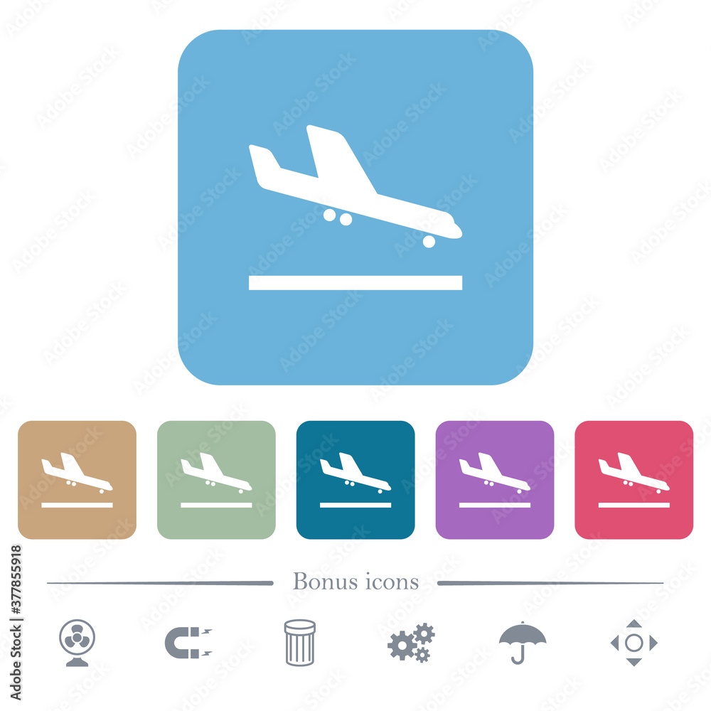 Airplane landing flat icons on color rounded square backgrounds