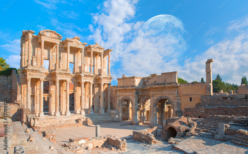 Celsus Library in Ephesus with full moon - Aydin,Turkey 