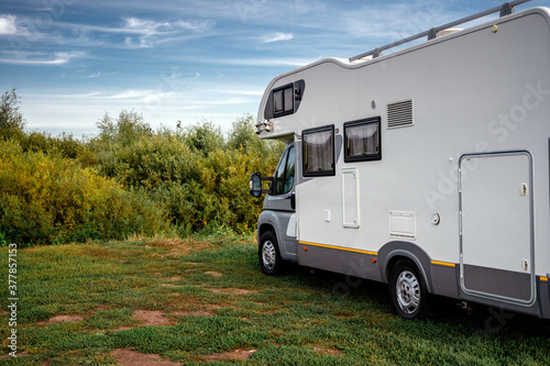 Family vacation travel RV, holiday trip in motorhome, Caravan car Vacation.