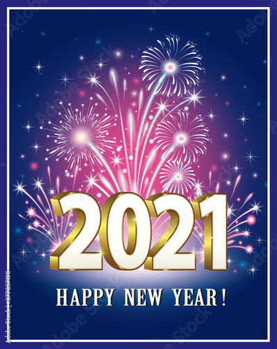 New Year 2021 celebration on blue background with fireworks. Festive banner in 3D format. Vector illustration